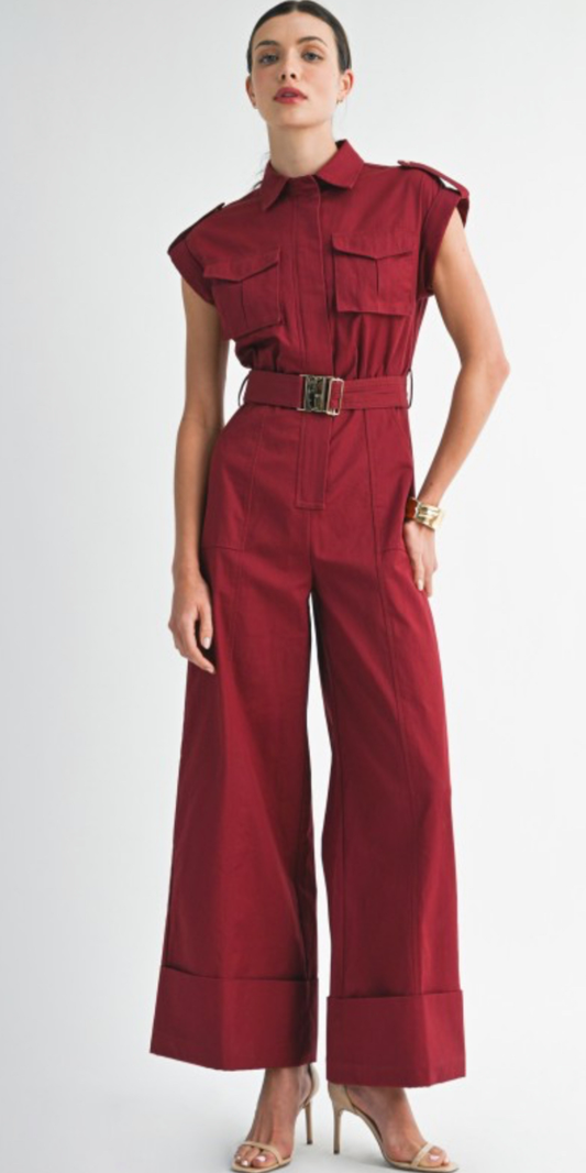 Belted wide leg jumpsuit.